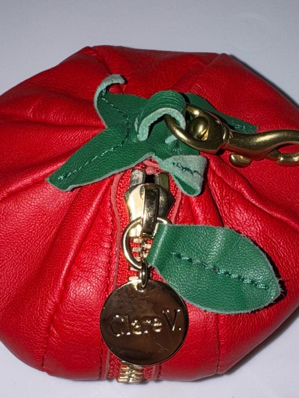 Clare V Red Leather Cherry Pouch with Green Leaf Detail - Picture 2 of 3
